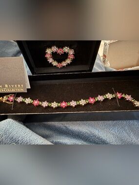 Sparkling Pink Multicolor Floral Bracelet and Brooch Set by Joan Rivers